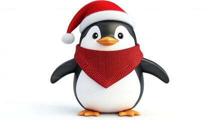 Naklejka premium 3D Cartoon Penguin with Shawl and Santa Hat