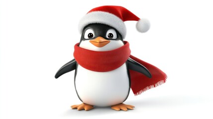 Fototapeta premium 3D Cartoon Penguin with Shawl and Santa Hat