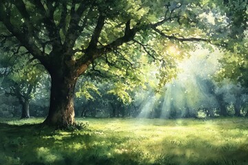 Naklejka premium Sunbeams Dance Through Ancient Forest.