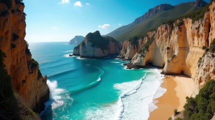 Secluded crescent-shaped beach cove surrounded by majestic cliffs and crystal clear waters under bright blue skies