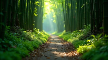 Obraz premium Winding ancient path through lush green bamboo forest surrounded by vibrant nature and rich vegetation