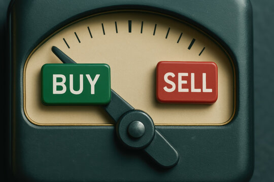 gauge displaying options to buy and sell represents investment decisions financial context. This captures essence of trading and market dynamics