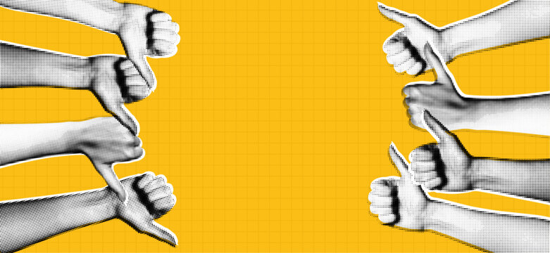 Trendy Halftone Collage Hands with thumbs up and thumbs down gestures. Yes or no choice banner with empty space. Quality review. Two options dilemma. Contemporary vector illustration art