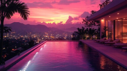 Obraz premium Luxury rooftop infinity pool with city views at sunset