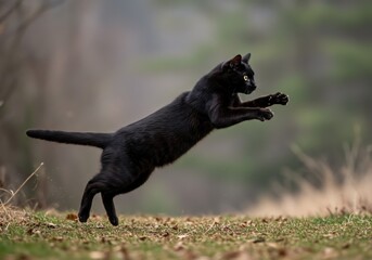 Obraz premium Dynamic photograph of a black cat leaping through nature, showcasing agility and grace in a natural environment setting.