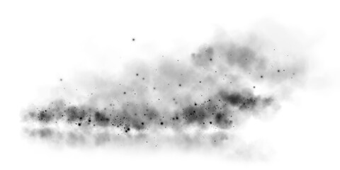 Black smog cloud effect, with small dust particles, isolated transparent special effect. Fog, vapour, magic haze. PNG.
