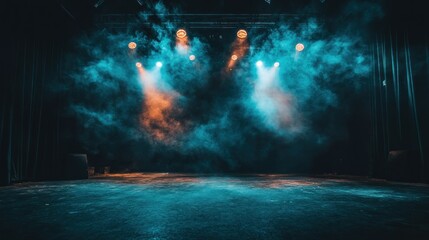 Naklejka premium Theatrical Stage Lit With Smoke And Colored Stage Lighting