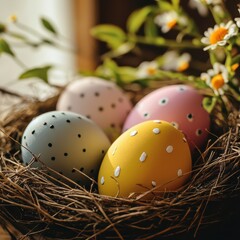 Obraz premium Decorative eggs in a nest with flowers in spring