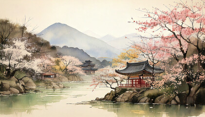 Ink and color painting background with Korean temple