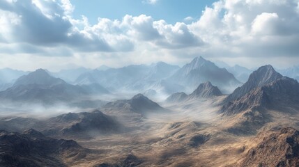 A vast, arid mountain range shrouded in a hazy, atmospheric mist, bathed in soft sunlight