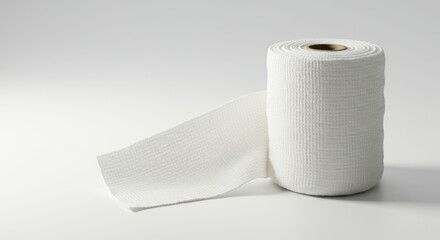 Medical bandage roll, sterile and clean, presented against a minimalist white backdrop
