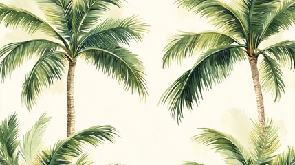 Naklejka premium Tropical Palm Tree Watercolor Painting with Green Fronds and Beige Background