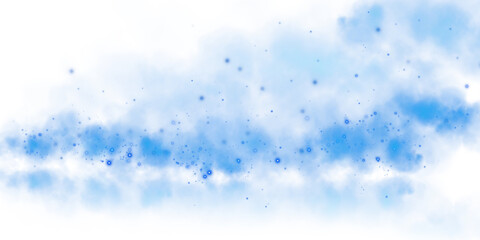 Magic blue smoke with glitter and small particles of twinkling stars. Fog with luminous particles. Blue vapor with stardust. Morning fog over land or water surface, magic haze. PNG.