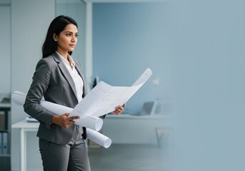 Professional female architect analyzing construction blueprints in a modern office, demonstrating expertise and project planning for sustainable building design.