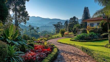 A beautiful garden with a stone path leading to a house. The garden is full of colorful flowers and plants, creating a serene and peaceful atmosphere. The house is situated on a hill