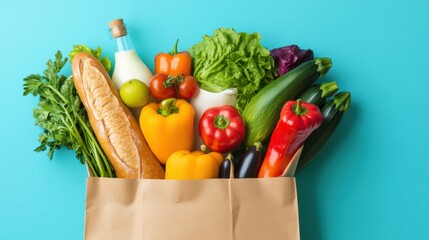 Fresh grocery bag filled with colorful vegetables, fruits, baguette, and milk on bright solid background