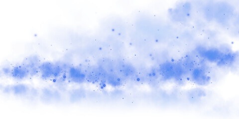 Magic blue smoke with glitter and small particles of twinkling stars. Fog with luminous particles. Blue vapor with stardust. Morning fog over land or water surface, magic haze. PNG.