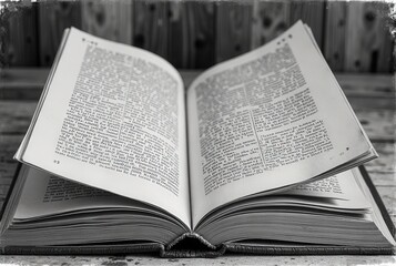 Fototapeta premium Close-up of an open antique book with detailed text, monochrome photography.