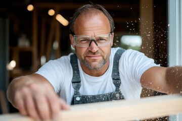 A skilled craftsman, wearing protective eyewear, focuses intently on woodworking in a workshop, embodying the passion and precision inherent in craftsmanship.