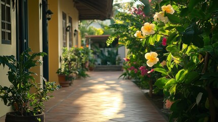 Obraz premium A sunlit garden pathway with flowers and green foliage