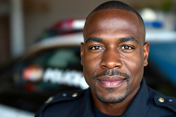 A close-up portrait of a friendly police officer standing in front of his police car.