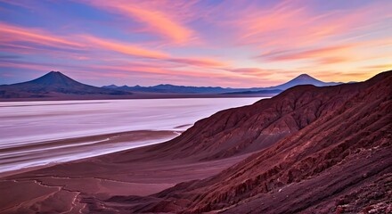 Fototapeta premium A breathtaking view of the Atacama Desert, with salt flats, rugged mountains, and a surreal pink and purple sunset, AI generated