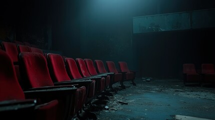 A decaying cinema auditorium with red seats and dim lighting