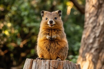 Quokka standing on wooden stump in lush forest during daylight hours