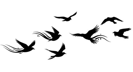 Artistic flying birds silhouette with fine details