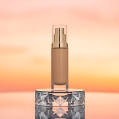 Sunset-Inspired Elegance: Luxury Foundation Bottle on Crystal Glass Platform