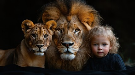 Fototapeta premium Majestic lion cubs and child