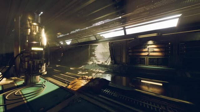 A futuristic space station interior features damaged walls and scattered debris. Soft lighting highlights the sleek design and gives a sense of abandonment, evoking curiosity about its past.
