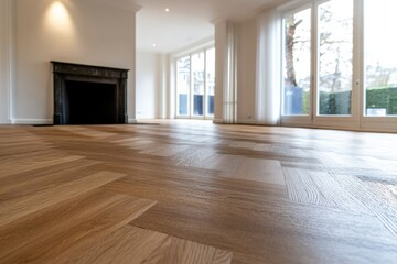 Obraz premium A brightly illuminated modern room with exquisite parquet flooring, creating a blend of warmth and sophistication, perfect for any stylish living space.