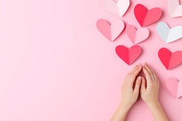 Surreal 3D Paper Hearts Floating Against Soft Pink Background with Hands Reaching Out, Symbolizing Love and Connection, Abstract Romantic Concept