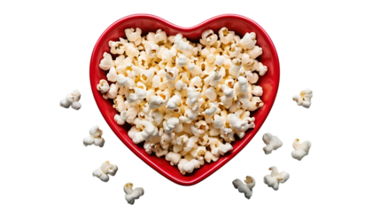 Fresh popcorn in red heart shaped bowl png