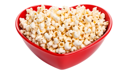 Fresh popcorn in red heart shaped bowl png