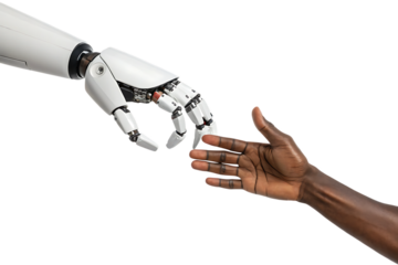 A robot hand reaching out towards a dark skinned human hand against a  isolated on transparent or white background, png in the studio