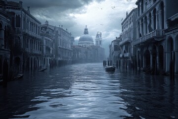 Misty canal view in Venice showcasing historic architecture during early morning © YouraPechkin