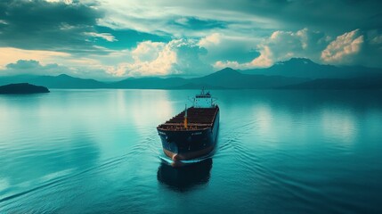A large cargo ship sails across calm water and cloudy skies