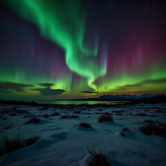 Fototapeta premium Northern Lights. The bright northern lights dance across the starry night sky. The beauty of the iridescent northern lights.