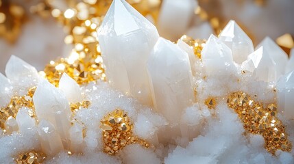 Sparkling white and gold crystals shimmer on a clean surface, creating a captivating, gem-like display