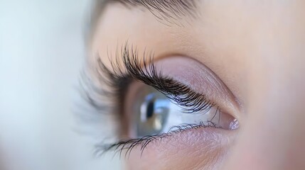 Obraz premium Close-up of thick, long eyelashes post beauty salon eyebrow and lash service. Open eye reveals full length of fake mink eyelash extensions, with soft lighting accentuating natural eye color.