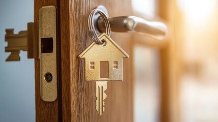 Key and House-Shaped Keychain on Open Door