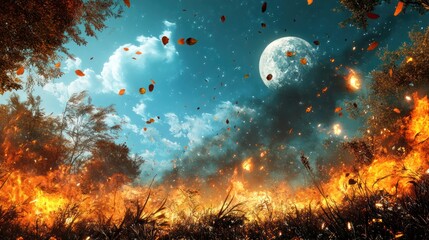 Fantasy forest ablaze under moonlit sky, flames and leaves in surreal scene.