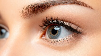 Close-up of thick, long eyelashes post beauty salon eyebrow and lash service. Open eye reveals full length of fake mink eyelash extensions, with soft lighting accentuating natural eye color.
