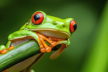 Obraz premium Red-eyed tree frog perched on a branch surrounded by lush greenery in a tropical rainforest setting