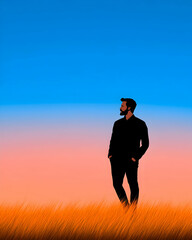 Silhouette of a man standing in tall grass at sunset