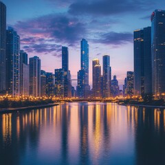 Fototapeta premium Cityscape twilight reflection, Chicago river