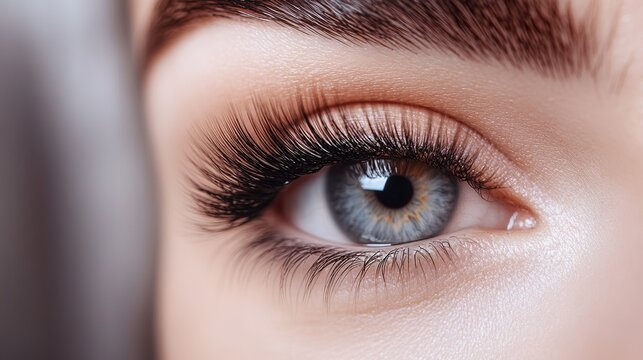 Close-up of thick, long eyelashes post beauty salon eyebrow and lash service. Open eye reveals full length of fake mink eyelash extensions, with soft lighting accentuating natural eye color.