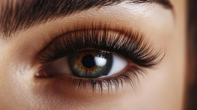Close-up of thick, long eyelashes post beauty salon eyebrow and lash service. Open eye reveals full length of fake mink eyelash extensions, with soft lighting accentuating natural eye color.